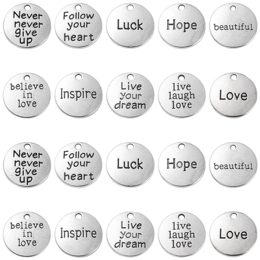 4053 100 Pcs 10 Style Vintage Flat Round with Spiritual Word Message Charms